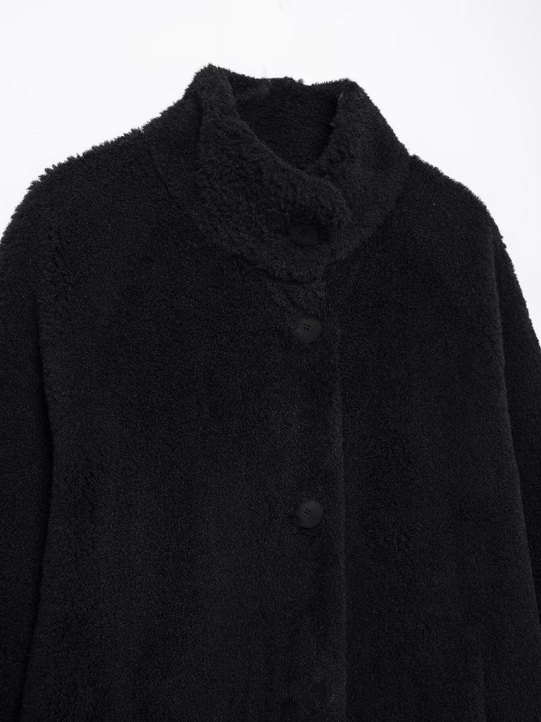 European-American Style Women's Winter Fleece Long Coat with Stand-Up Collar - Versatile, Warm Outerwear