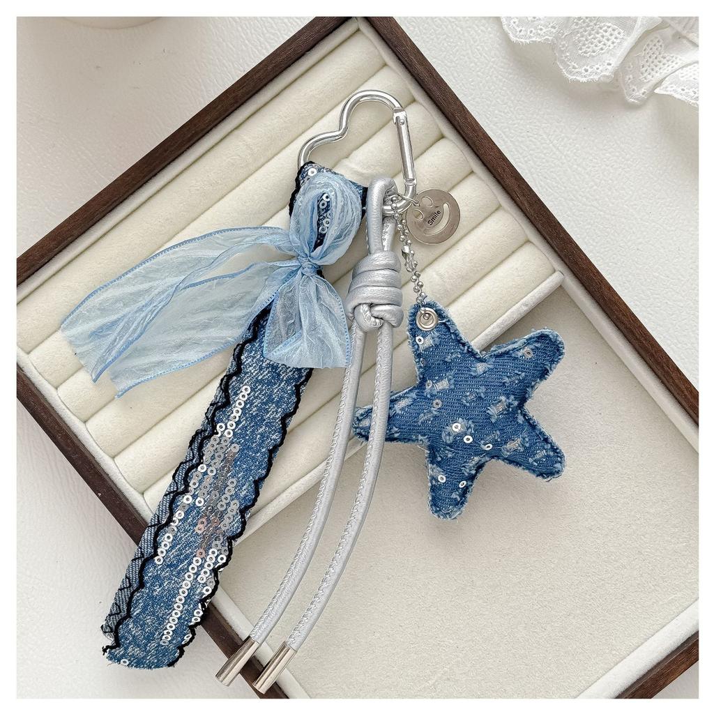 Vintage Denim Star Bag Charm Light Blue Organza Bow Lace Ribbon Carabiner Pendant Handmade Women Bag Accessories Bag Charm