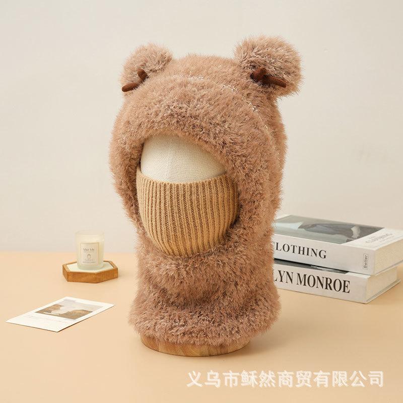 Cartoon Plush Mask, Ear Protection Cap, Women's Winter Thickened Neck Protection and Warm Knitted Hat, Cycling Cold-proof Headgear