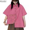 ZANZEA Women Casual Turn Down Collar Loose Short Sleeve Irregular Blouse
