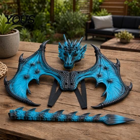 Dragon Dress Up Set Children's Costumes Set, with Mask Tail And Wing, Lightweight Red Blue Green Black Wings Cosplay Costumes, for Ages 3-12