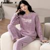 Thickened Warm Large Size Padded Fall and Winter Women's Pajamas Top and Pants Set Coral Velvet Ladies Cartoon Bear 2PCS/Set