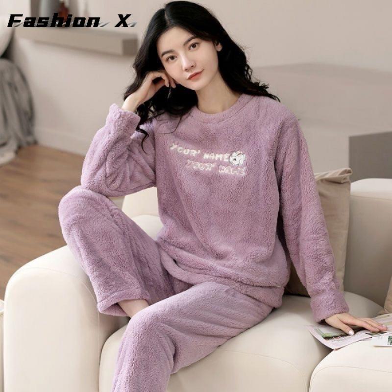 Thickened Warm Large Size Padded Fall and Winter Women's Pajamas Top and Pants Set Coral Velvet Ladies Cartoon Bear 2PCS/Set