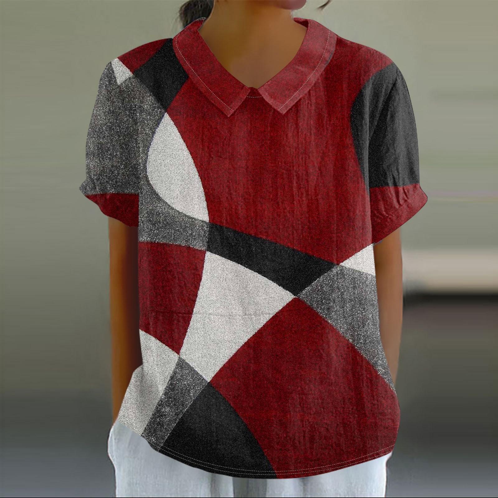 Женская повседневная футболка-пуловер с короткими рукавами и лоскутным принтом в стиле — фото 12