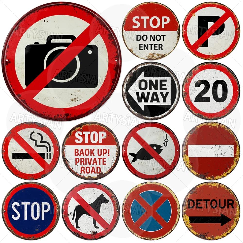 Vintage Retro Traffic Signs Collection HD Print Metal Tin Sign Featuring Unique Circular Warning Prohibition Plates (No C