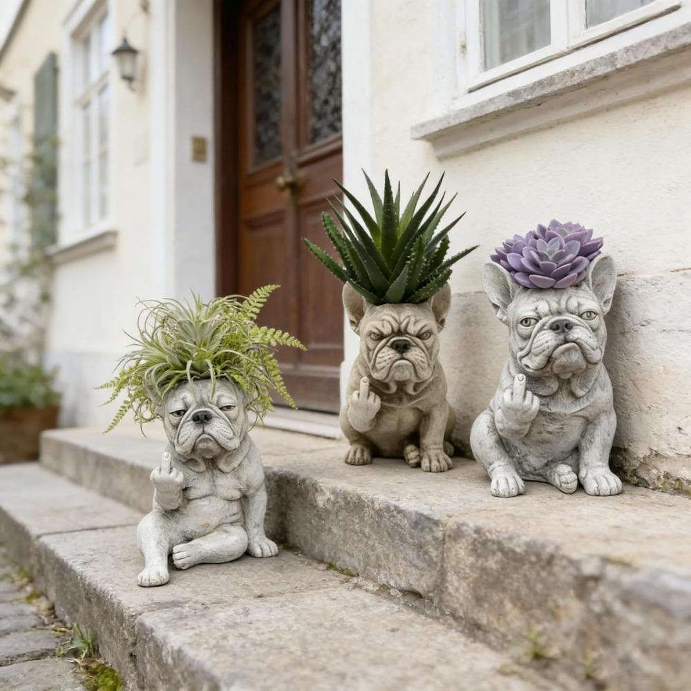 Funny French Bulldog Planter Pot, Resin Dog Statue Succulent Planter, Middle Finger Gesture Decorative Sculpture for Home Garden Office Desk Decor,