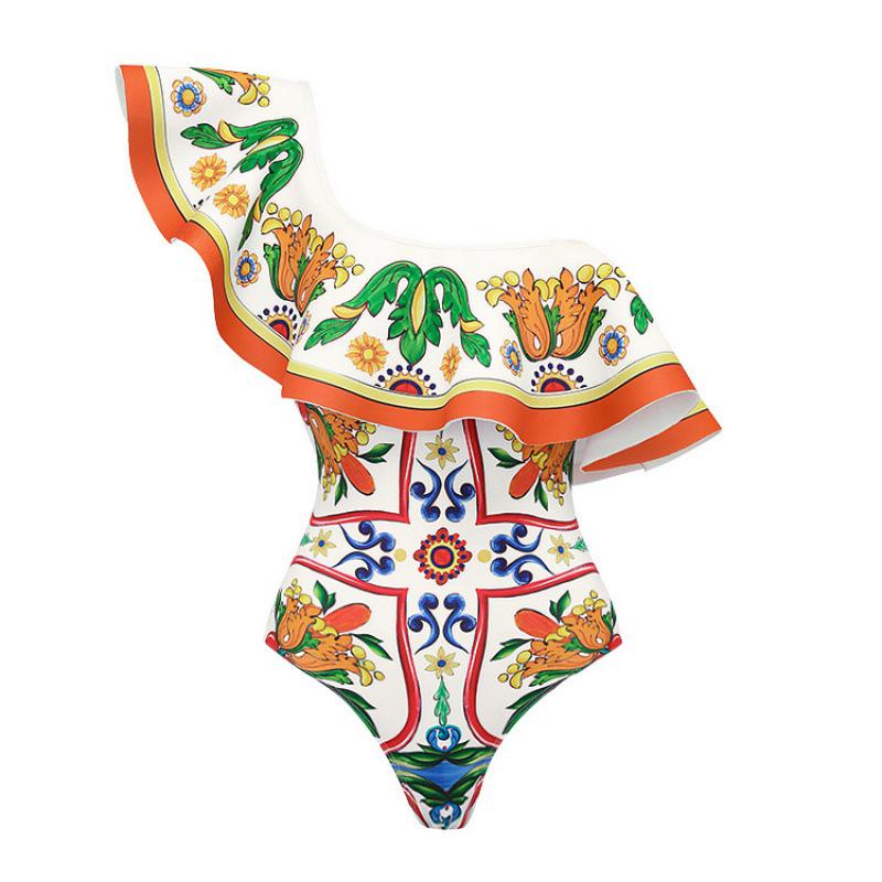 2024 European & American Women's Enamel Print Ruffle Swimsuit Set