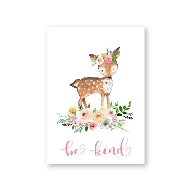 Watercolor Woodland Animal with Flowers Art Poster Prints Canvas Painting Kids Girls Room Bedroom Office Home Wall Decoration