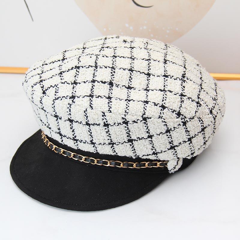 Small fragrant plaid soft brim octagonal hat children autumn and winter elegant fashion versatile metal chain decorative beret