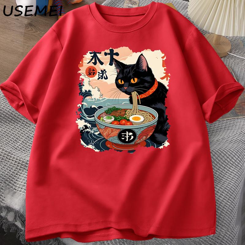 Kawaii Katt Anime T-shirt Ramen Japansk Rolig Grafisk T-shirt Kawaii Nudelkatt T-shirt Man Kortärmad T-shirt Harajuku Kläder