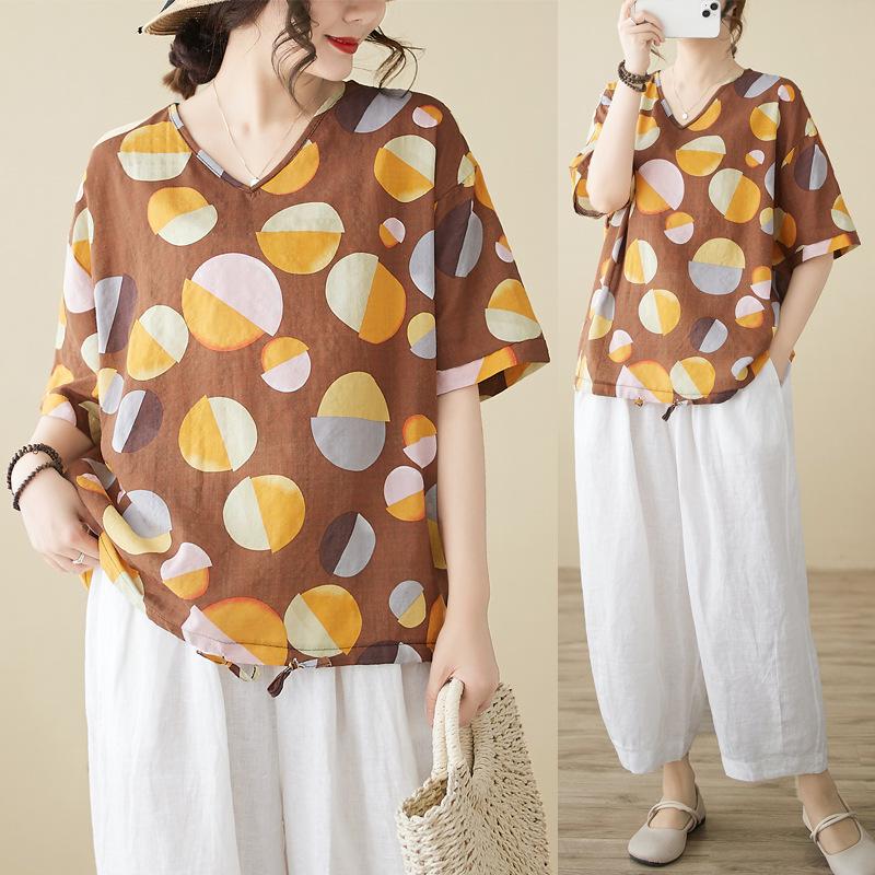 Summer Printed Short-sleeved T-shirt V-neck Cotton and Linen Loose Large-size Women's Top T-shirt Cotton and Linen Shirt