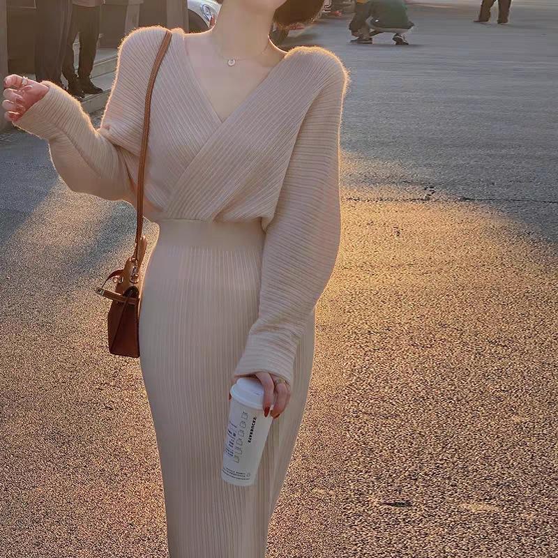 Long Sweater Skirt with Coat for Women Over the Knee with Bottom V-neck Knitted Dress for Women In Autumn and Winter