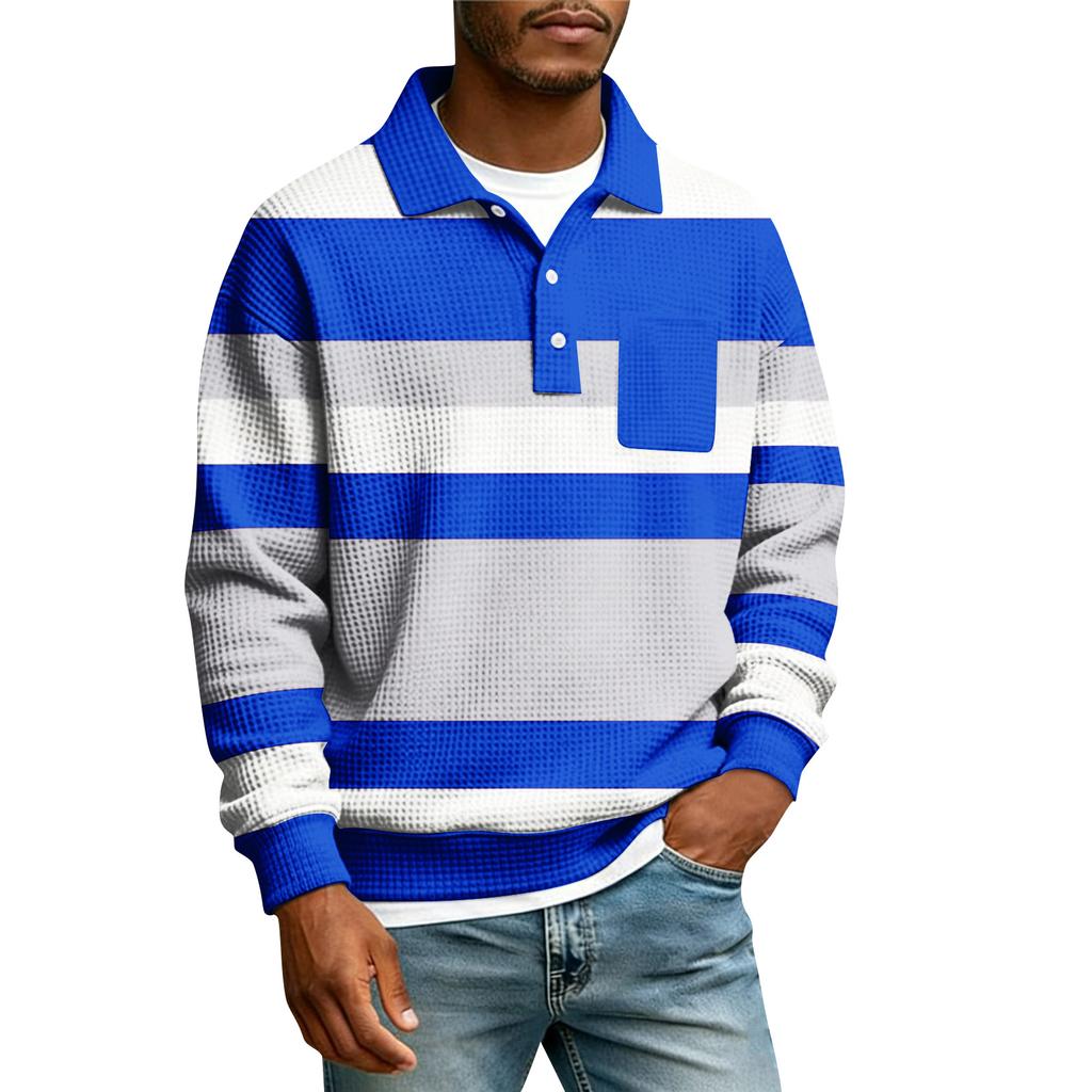 Men's Striped Single Breasted Long Sleeved Shirt With Collar And Pockets  Casual Sports T,shirt