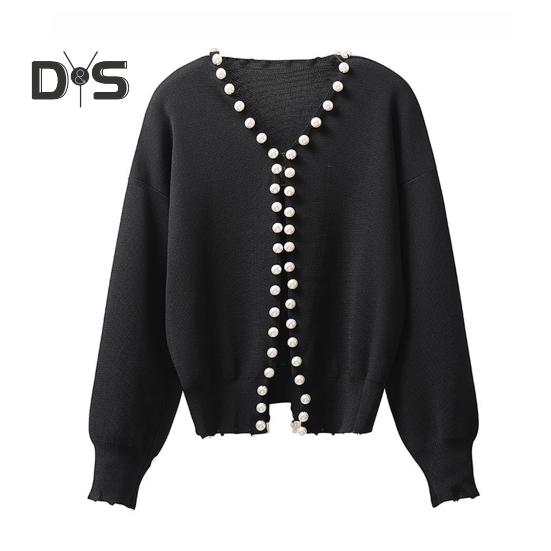 

Вязаный кардиган с открытым передом, круглым воротником, длинными рукавами, свитером, пальто с отделкой из искусственного жемчуга, однотонная теплая верхняя одежда чёрный