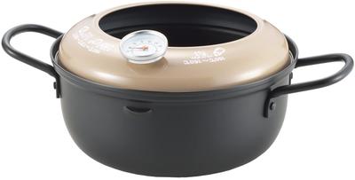 Yoshikawa Tempura Pot with Splash Induction and Gas Made In YJ3371 Thermometer, 18cm, 1.58L, Iron, Guard, Compatible, Greige, Japan, Tsubame-Sanjo,