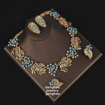 Elegant Medieval-Style Light Blue Rhinestone Necklace & Earrings