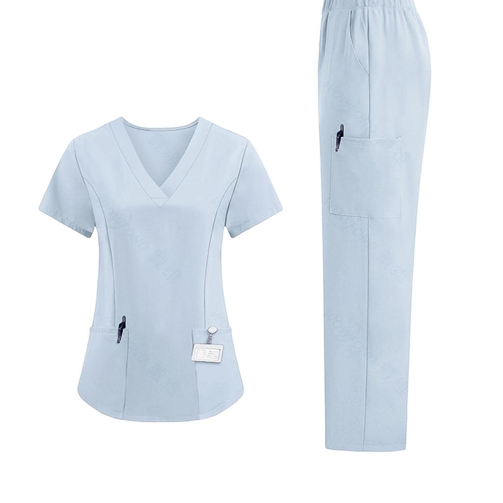 Ladies' Loose And Comfortable V-neck Short Sleeved Workwear With Multiple Pockets Suit Set