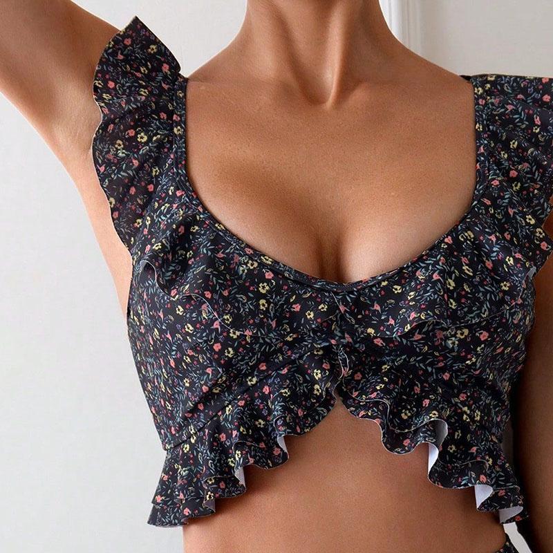 New Sexy Bikini Set Floral U-neck Ruffle Edge Backless Beach Hot Spring Swimsuit Women's Split Set Two Pieces Swimwear