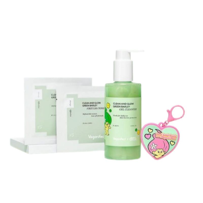 Veganifect Green Barley LHA Gel Cleanser 205ml Troll Collaboration Set (+4 Toner Pads, Heart Keyring)