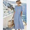 Light Blue Mid-Length Casual Dress with Button Decor and Pleated Pockets