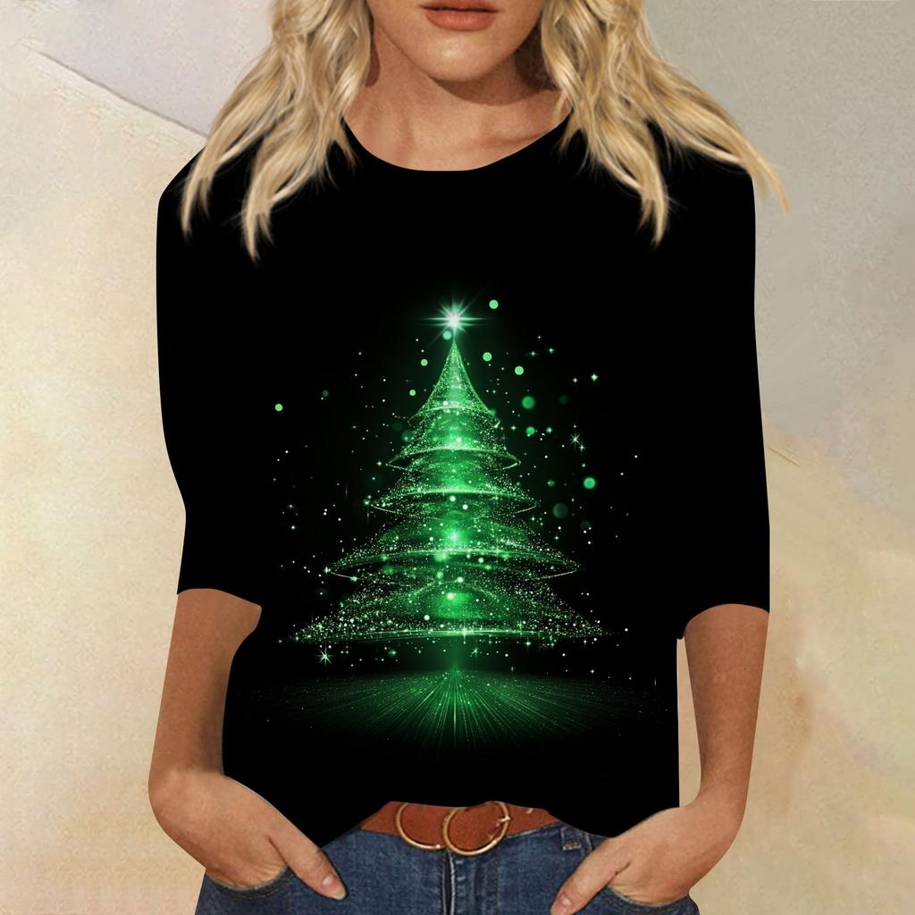 Women's Fashion Casual Seven Sleeve Christmas Printed Round Neck Top