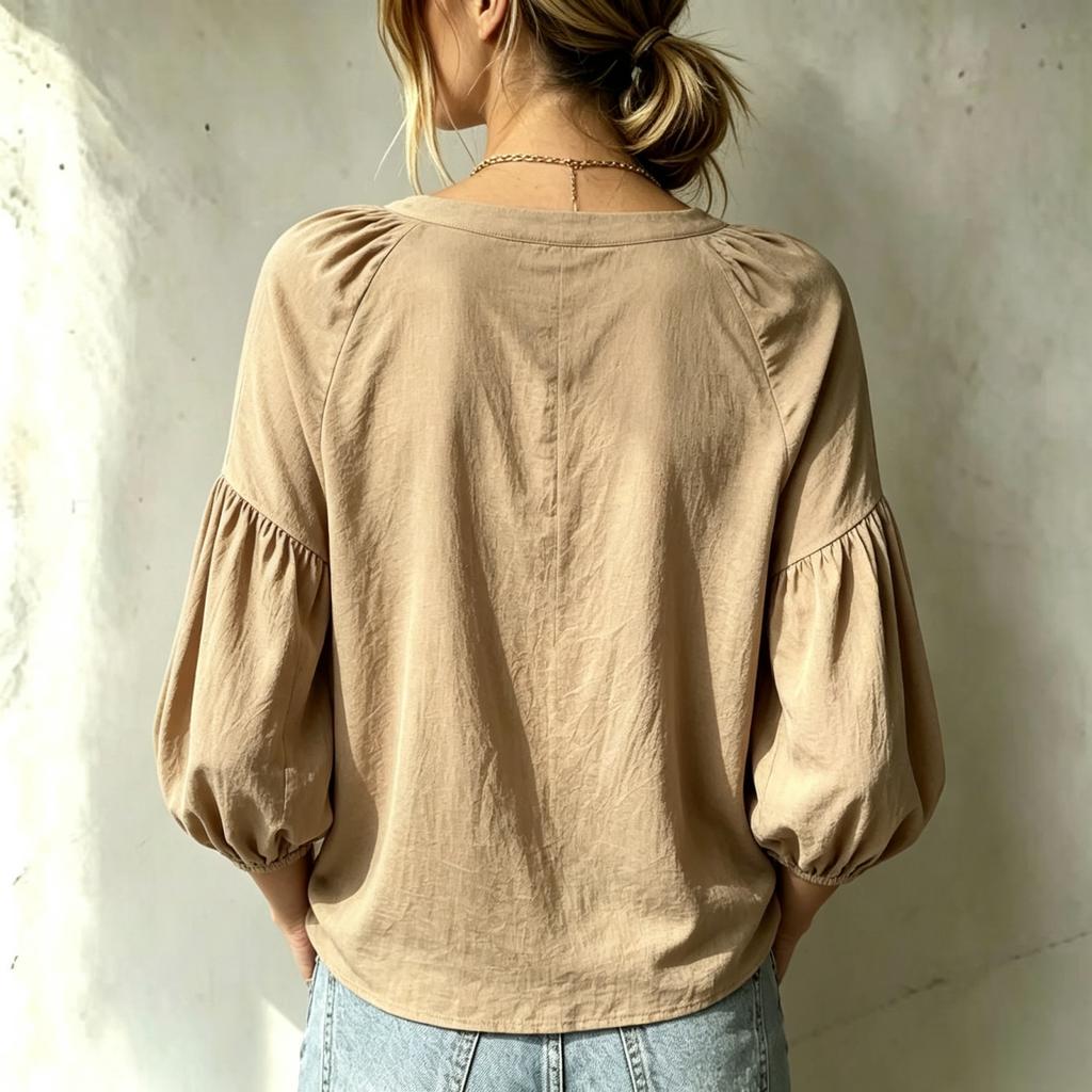 Women's V-Neck Blouse with Three-Quarter Sleeves, Loose Fit Pleated Color Casual Top