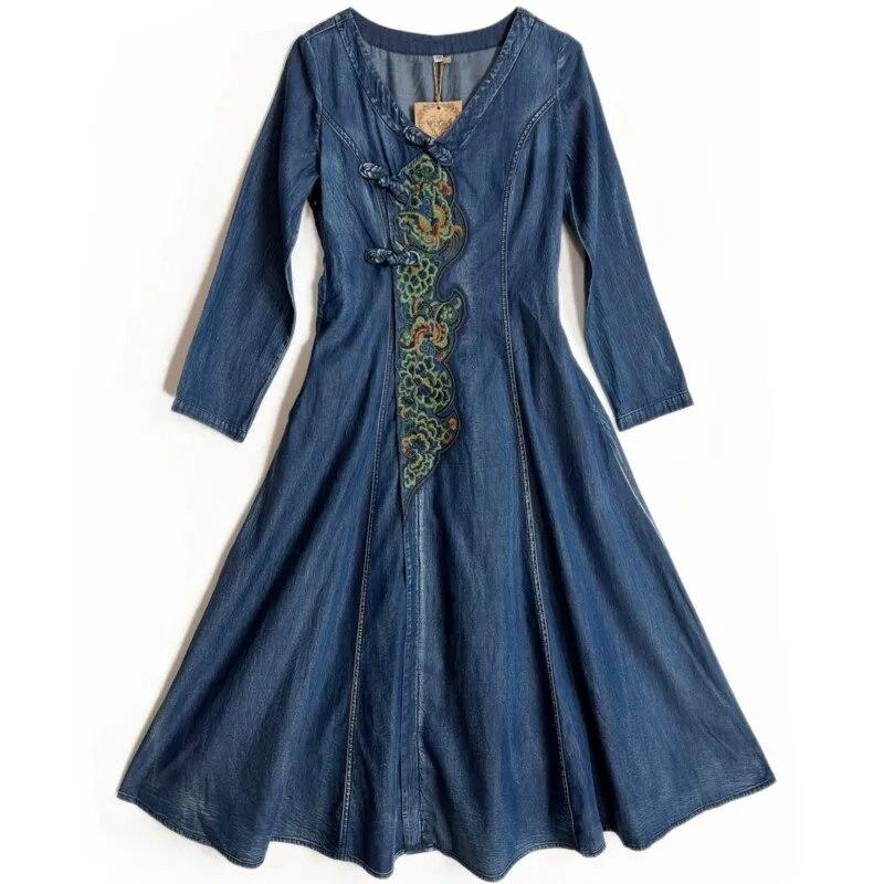 Johnature Dame Vår Kinesisk Stil Spenne Forbedre Vintage Broderi Bomull Lange Ermer A-Linje Kjole