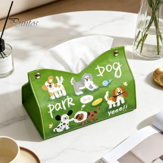 Desktop Organizer Box Leather Tissue Cover with Cartoon Puppies Pattern, Foldable Organizer, Napkin Holder Dorm Room Storage Case, Facial Paper