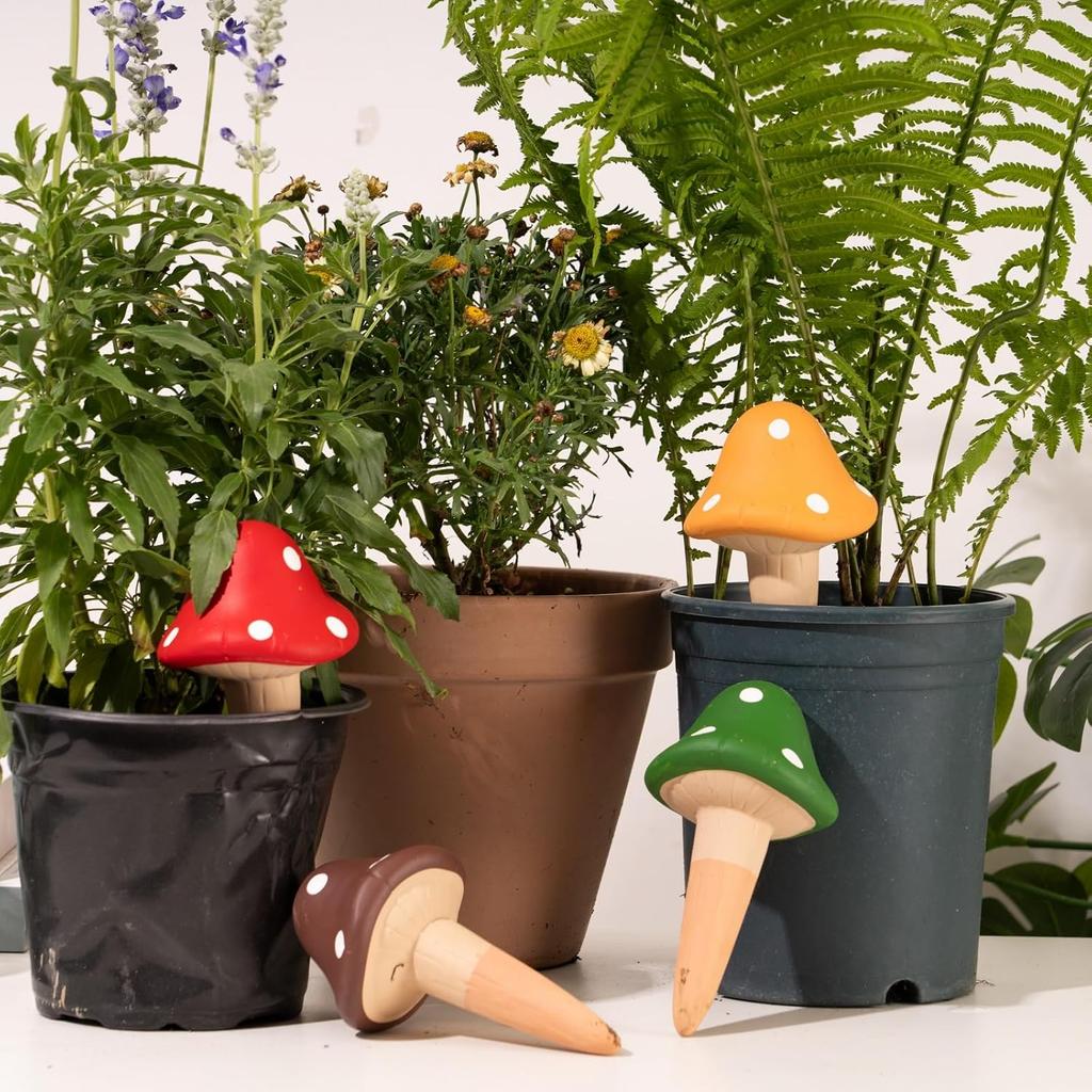 4PCS Terracotta Self Watering Stakes Mushroom Shape Self Watering Globes Plant Watering Stakes Drip Irrigation Watering Devices