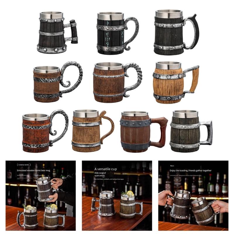 Large Capacity Beer Mugs For Outdoors Use With Retro Woodgrain Finish Nonrust Steel Insulated Cup Thermal Resin Construction