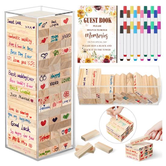 1 Sada Alternativní svatební kniha hostů Dřevěný blok s průhlednou akrylovou krabičkou Pera Znamení Svatba Svatba Předsvatební oslava Party Dekorace na recepci