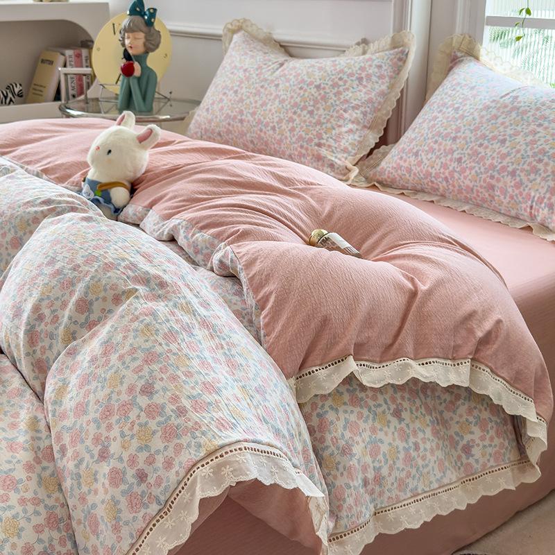 Small Fresh Lace Bedding Four-piece Set, Skin-friendly and Breathable, Washed Sheets, Quilt Covers, Pillowcases