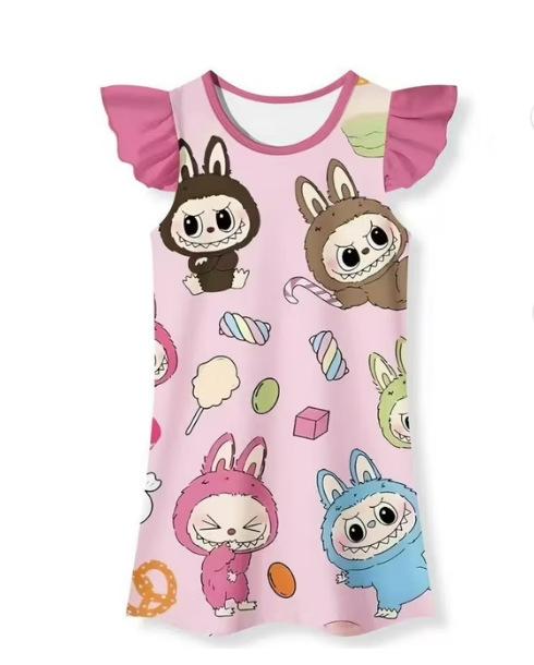 Summer new LABUBU cartoon cute children s nightdress short-sleeved ruffle edge thin digital print 100cm