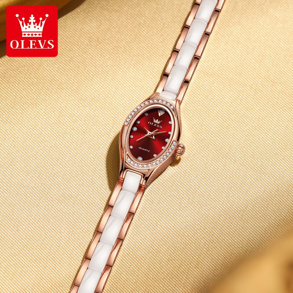 OLEVS 7131 Dámské hodinky Elegantní Luxusní Růžové zlato Keramický řemínek Diamantový rámeček Náramek Náramkové hodinky Originální Quartz hodinky pro ženy