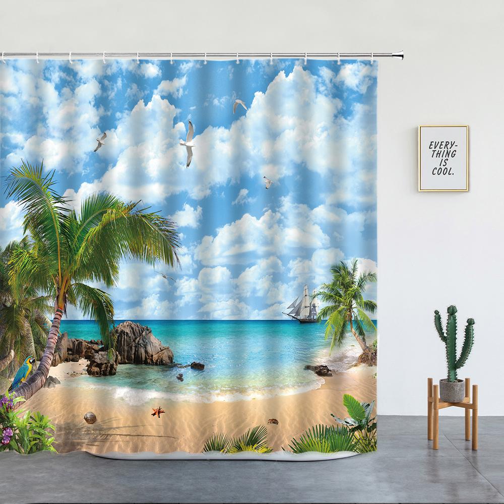 Beach Palm Trees Shower Curtains Sunset Island Hawaii Ocean Natural Landscape Polyester Bathroom Decor Cloth Bathtub Curtain Set