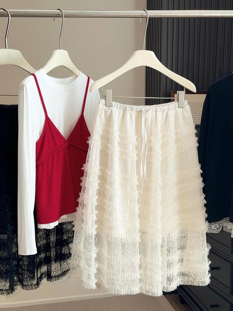 Elegant Layered Mesh Cake Skirt: Women's High-Waisted Mid-Length for 2026 Spring/Summer