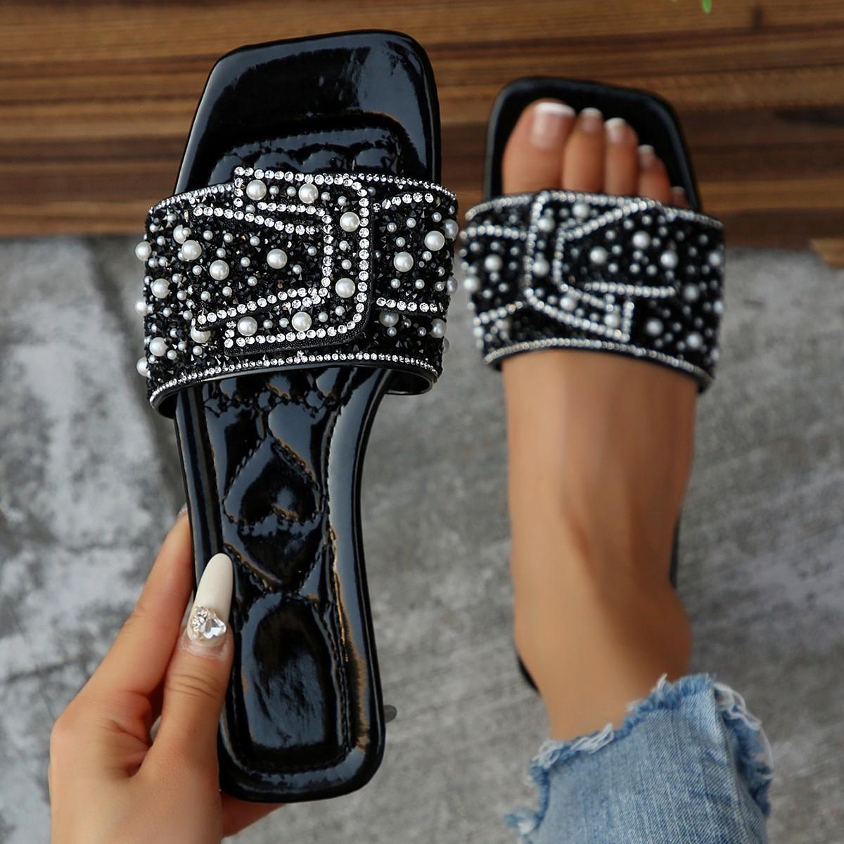 

Women Casual Open-toe Slides Flat Luxury Decor Weave Design Sandals Vacation Party Sexy Elegant Office-Ladies Slippers 42 чёрный