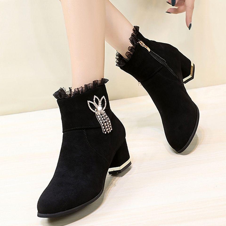 Fashion Rhinestone Woman Short Shoes Suede Chunky Heel Fashion  Booties