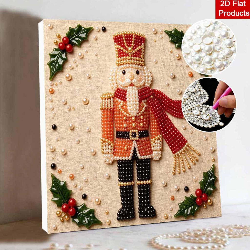 Framed Pearl Art DIY Kit with Christmas Nutcracker Holly Pattern 3D Sparkling Bead Canvas Painting Handmade Gift for Home Decoration Wall Decor