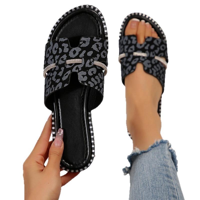 Large Size Summer New Flat-bottomed Casual Leopard Print One-word Rhinestone Women's Cool Slippers