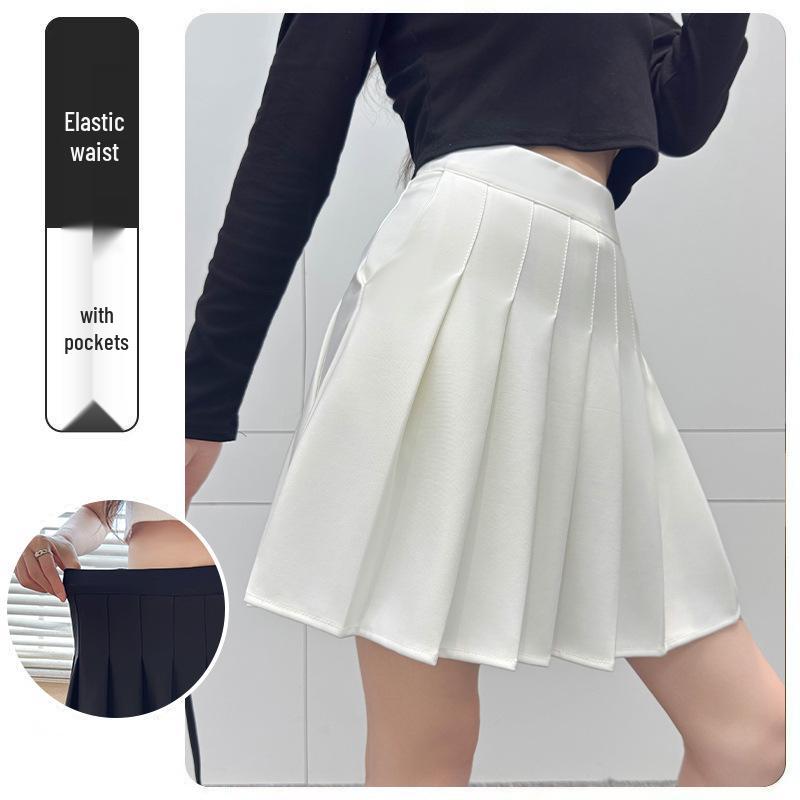 2025 High Waist Black Pleated Midi Skirt for Women - A-Line, College Style, Anti-Exposure, Slimming Fit