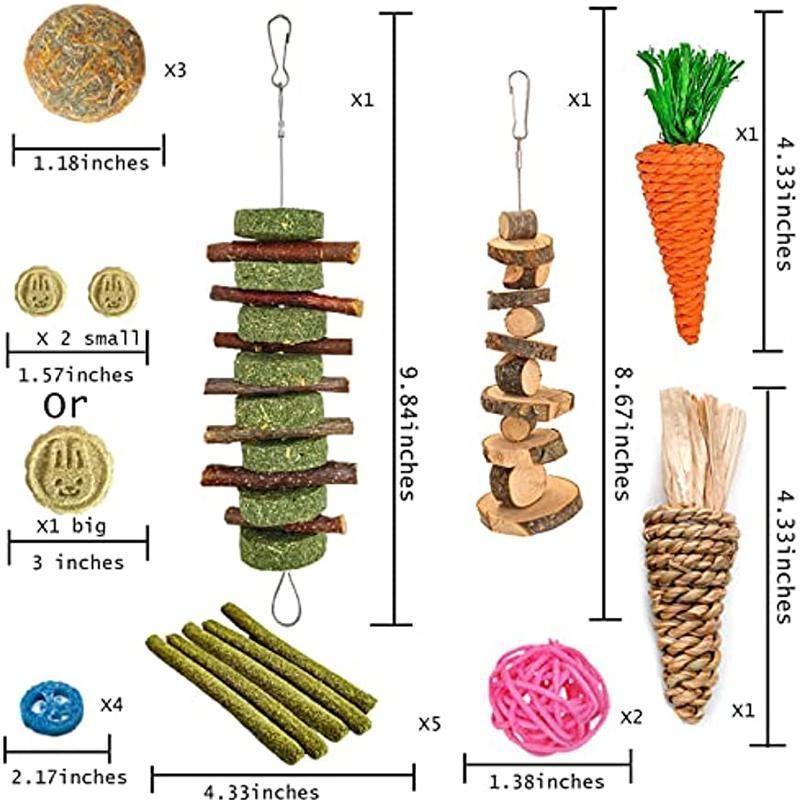 20 PCS Bunny Chew Toys for Teeth Natural Rabbit Toys Apple Wood Grass Sticks Chew and Treat for Guinea Pigs Hamster Chinchillas