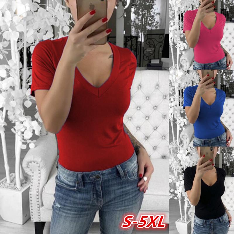 Buy Plus Size Women Short Sleeve V Neck T Shirt Casual Top Slim Blouse ...