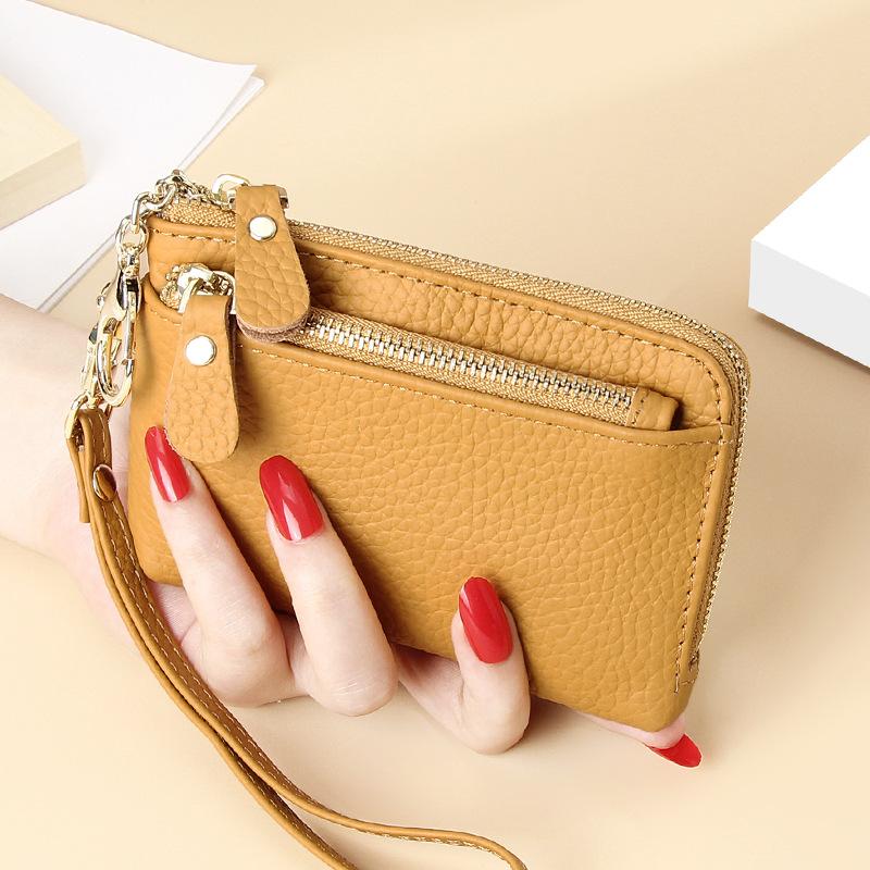Women's Genuine Leather Mini Wallet Multi-Card Slots Coin Pouch with Keychain Handheld Zip Change Purse Stylish Compact Daily Accessory for Ladies