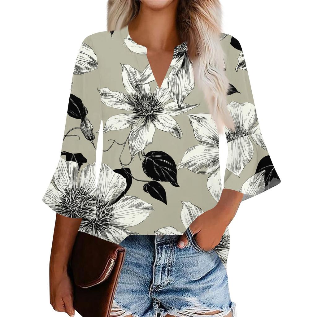 Top da donna casual alla moda con stampa floreale, maniche corte e girocollo