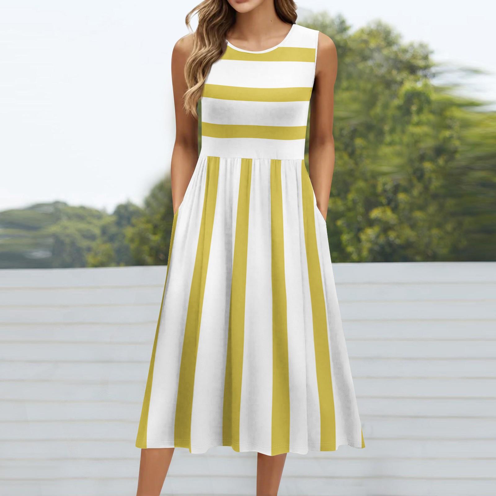 

Женское модное платье средней длины с круглым вырезом и принтом без рукавов M жёлтый