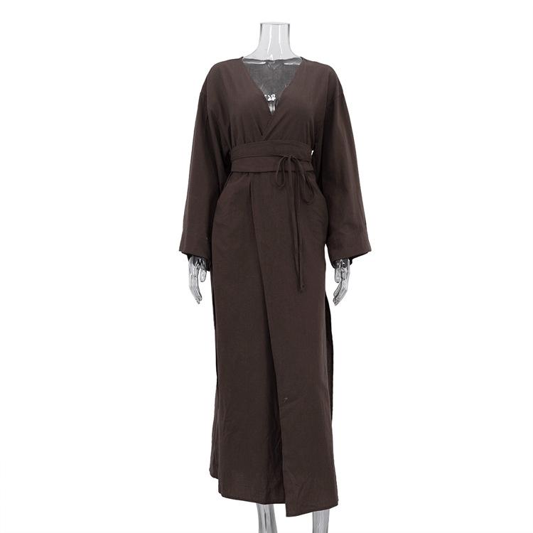 

women s loose wrap v neck long sleeve tie waist side slit maxi dress casual cover up sundress S коричневый