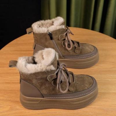 Snow Boots Women's New Winter Velvet Thickened Non-slip Warm Cotton Shoes Frosted Leather Heightened Thick-soled Short Boots