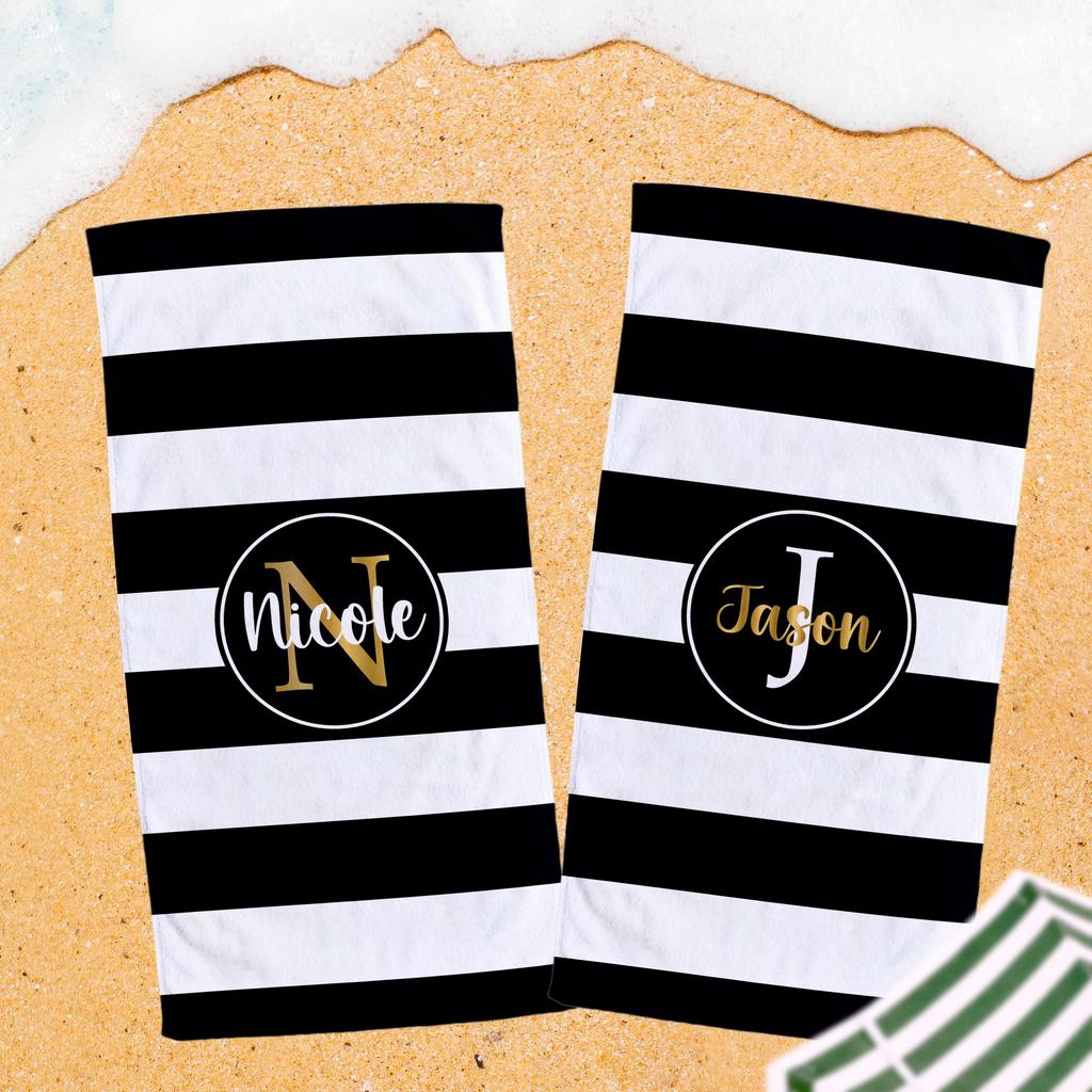 Luxury Striped Personalized Custom Name Beach Towel Simple And Elegant Microfiber Absorbent Beach Towel Quick Dry Beach Towel