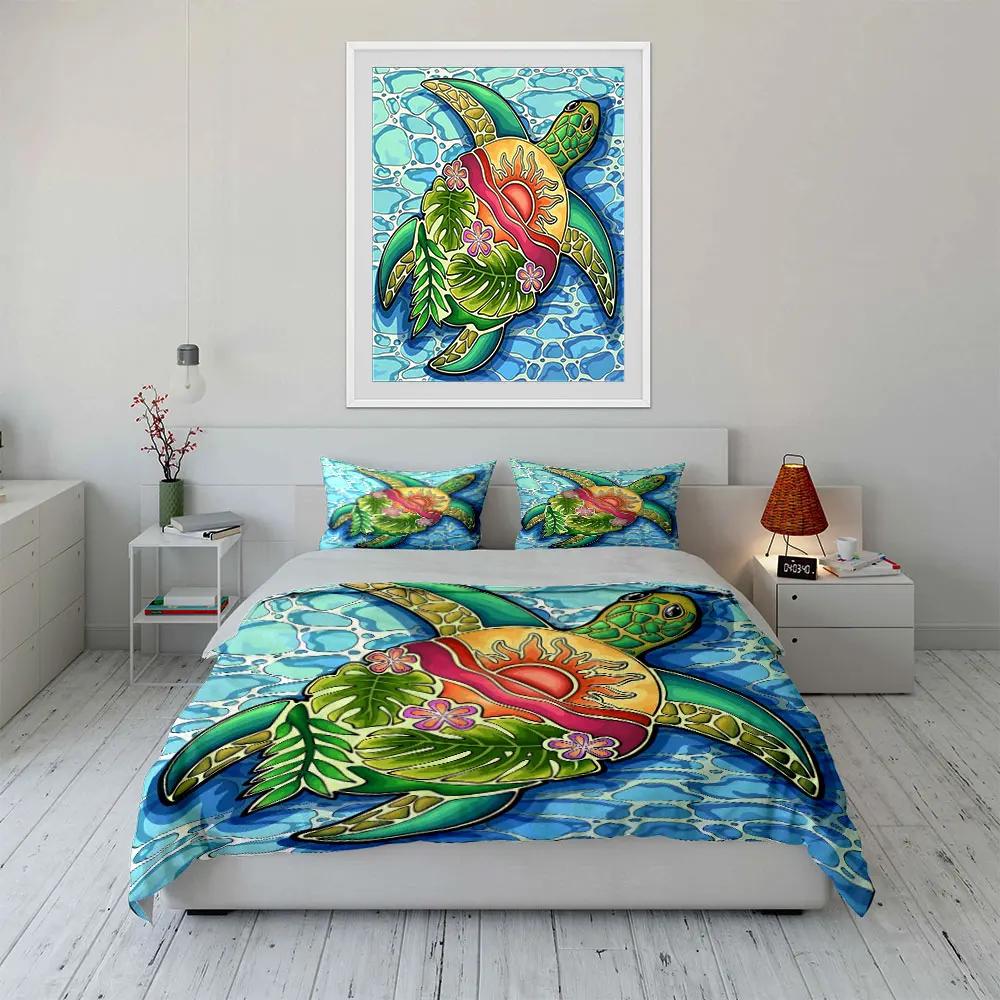 Colorful Turtle Beach Decor Set Bedding Set with 1 Duvet Cover 2 Pillowcases Single Double King Queen, Gift
